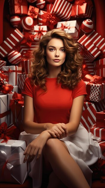 Bella donna in abito rosso e bianco con scatole di regali di Natale Generative Ai