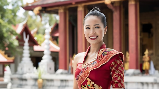 Bella donna in abito tradizionale thailandese sorridente e in piedi al tempio