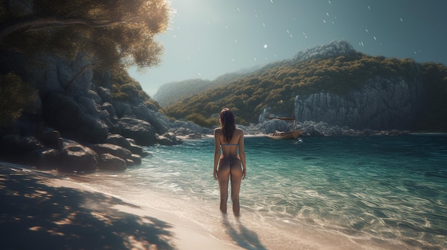 Bella donna in bikini sulla spiaggia Panoramica bannergenerative ai