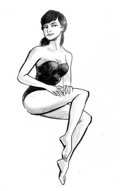 Bella donna in costume da bagno. Disegno a china e acquerello