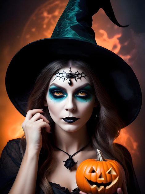 Bella donna in costume da strega con trucco di Halloween Candela di Halloween zucche e pipistrelli
