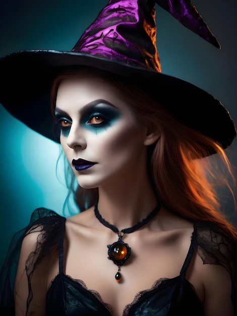Bella donna in costume da strega con trucco di Halloween Candela di Halloween zucche e pipistrelli