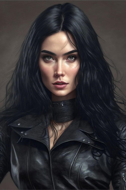 Bella donna in giacca di pelle nera con capelli lunghi neri