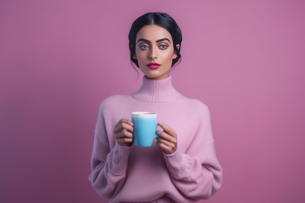 Bella donna in maglione rosa che tiene una tazza di caffè blu