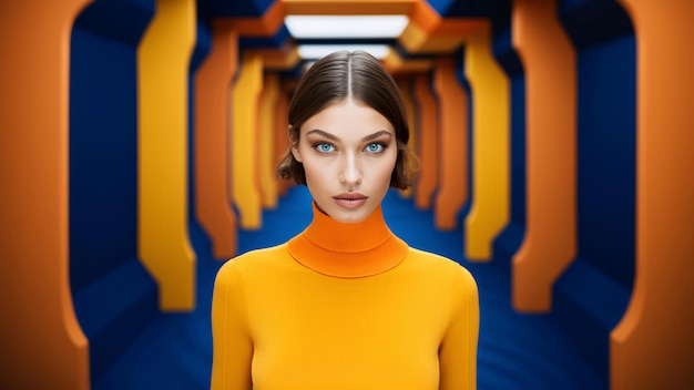Bella donna in piedi in un tunnel futuristico con un maglione giallo generato dall'AI