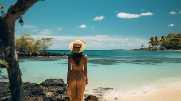 Bella donna in piedi indietro di fronte sabbia bianca sulla spiaggia nello stile di felice Generative AI