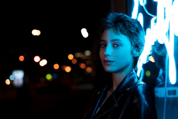 Bella donna in posa di notte alla luce al neon blu