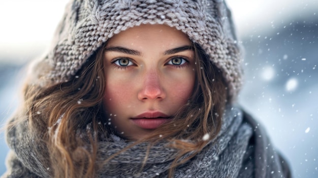 Bella donna in posa nella neve in una giornata invernale
