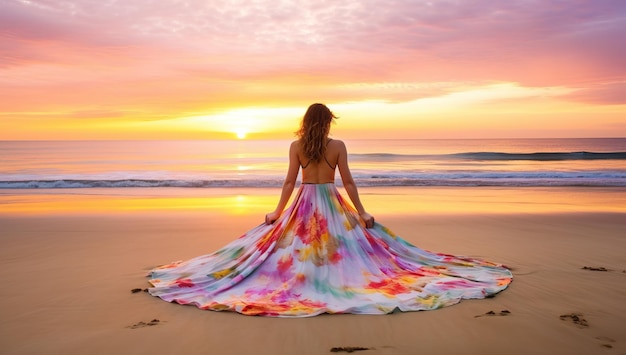 Bella donna in un abito colorato sulla spiaggia al tramonto