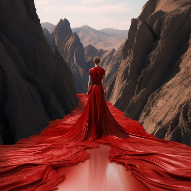 Bella donna in vestito rosso che cammina nella rappresentazione delle montagne 3d