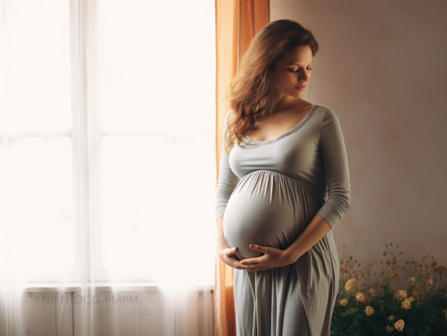 Bella donna incinta che abbraccia la sua pancia a casa