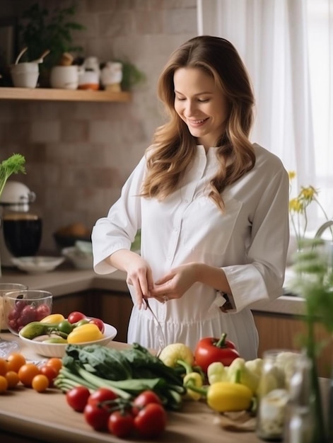 bella donna incinta che prepara cibo delizioso donna sorridente che cucina a casa