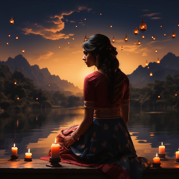 bella donna indiana che prega in un tempio pieno di candele generate con ai