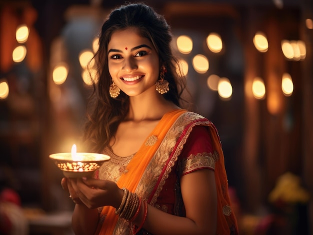 Bella donna indiana che tiene la lampada di Diwali