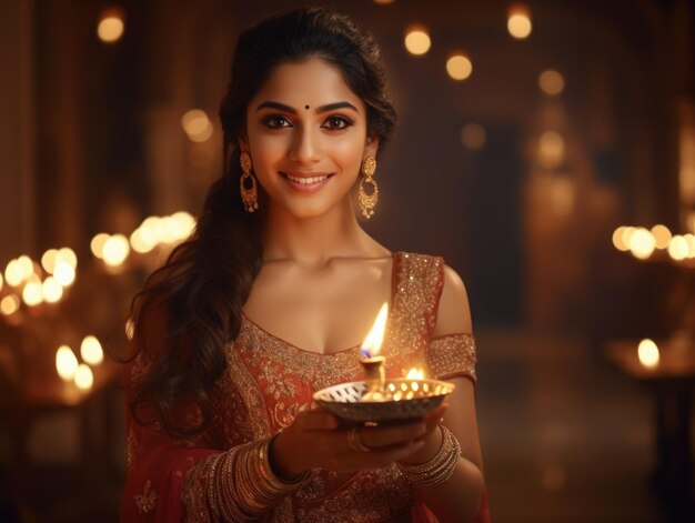 Bella donna indiana che tiene la lampada di Diwali