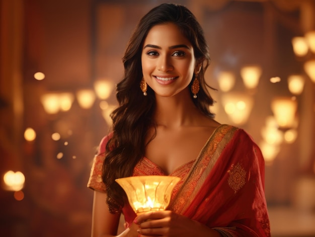 Bella donna indiana che tiene la lampada di Diwali