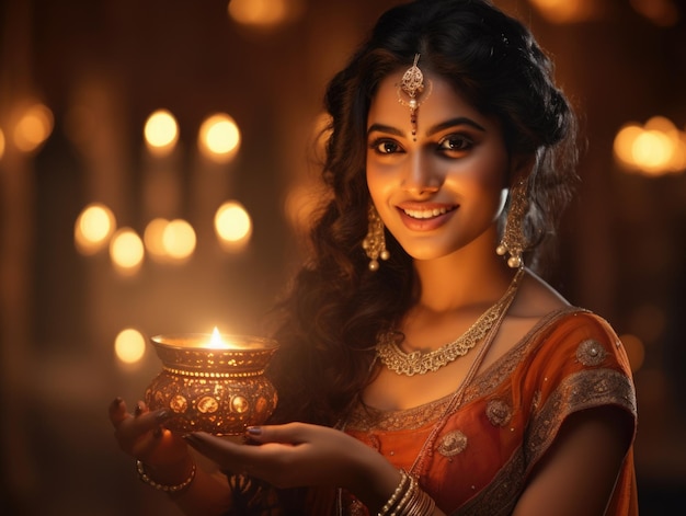 Bella donna indiana che tiene la lampada di Diwali