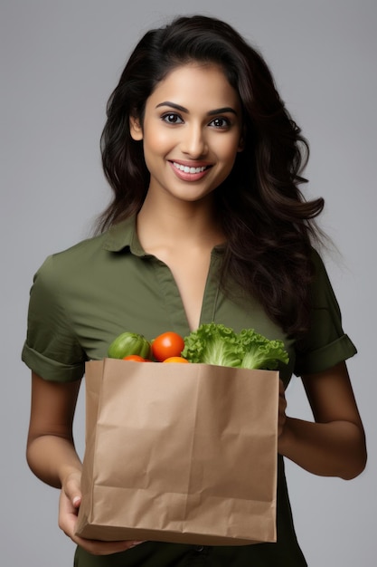 Bella donna indiana che tiene verdure fresche e generi alimentari nel sacchetto di carta