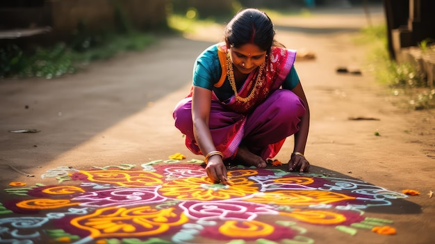 Bella donna indiana vestita tradizionalmente che fa rangoli con i fiori vicino alla casa in India