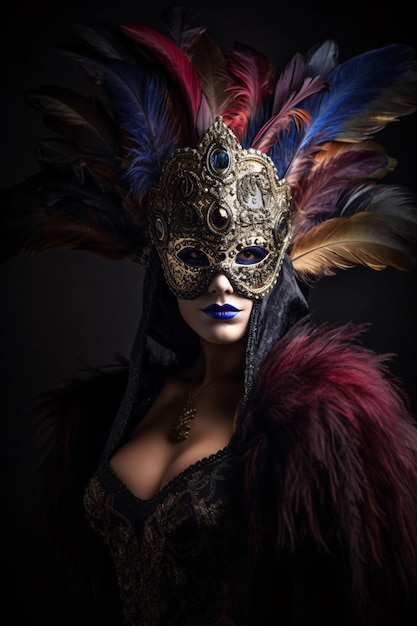 Bella donna indossa un'elegante maschera di carnevale su uno sfondo nero