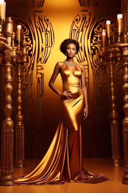 Bella donna latina in abito dorato nella stanza d'oro