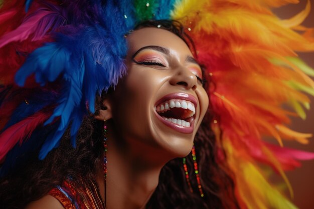 Bella donna LGBTQ con motivi a bandiera arcobaleno in stile samba Giorno e mese dell'orgoglio in Brasile