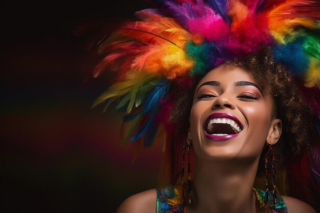 Bella donna LGBTQ con motivi a bandiera arcobaleno in stile samba Giorno e mese dell'orgoglio in Brasile
