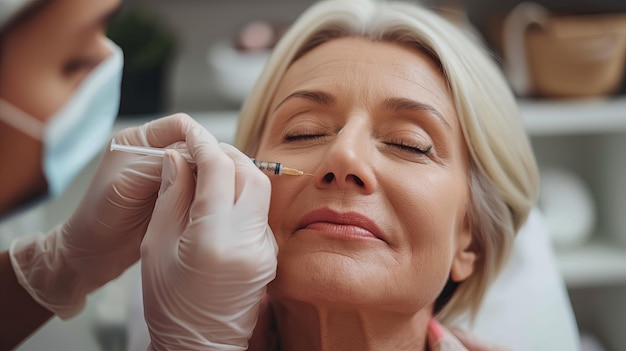 Bella donna matura che riceve un'iniezione di botox in faccia al salone di bellezza