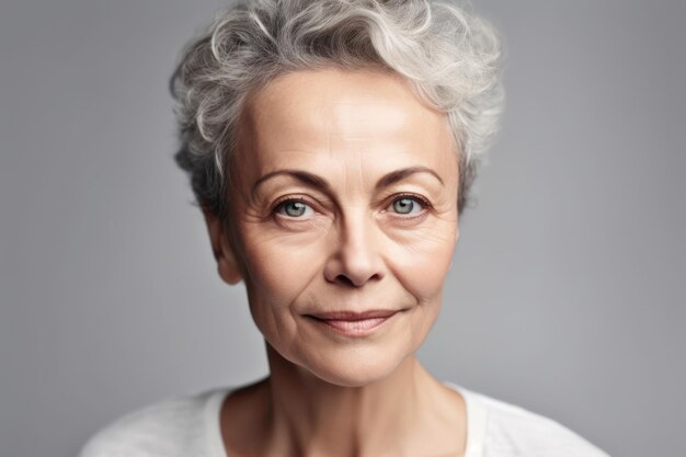 Bella donna matura di mezza età degli anni '50 guardando la fotocamera isolata su bianco vecchia signora matura primo piano ritratto anti età viso sano cura della pelle bellezza cosmetici per la cura della pelle più anziani e concetto di cosmetologia