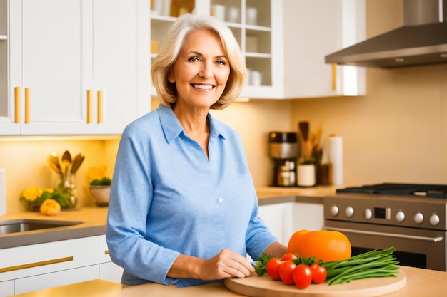 Bella donna matura senior che prepara cibo sano e delizioso in cucina