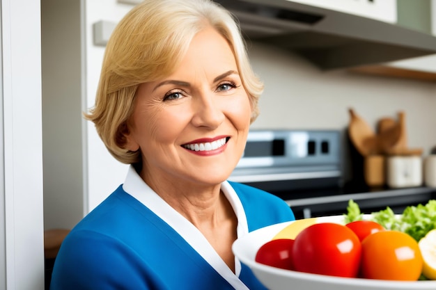 Bella donna matura senior che prepara cibo sano e delizioso in cucina