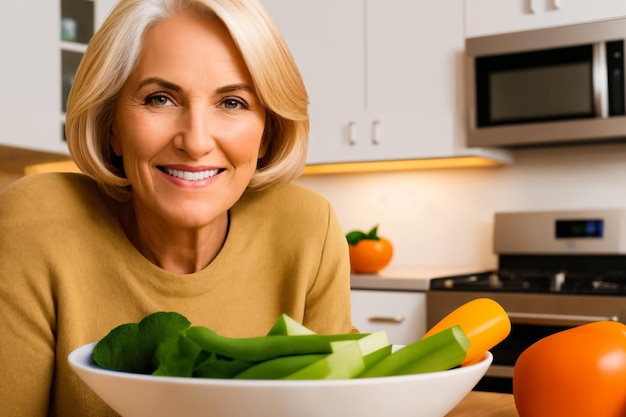 Bella donna matura senior che prepara cibo sano e delizioso in cucina