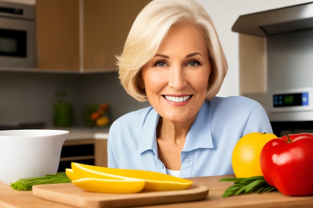 Bella donna matura senior che prepara cibo sano in cucina