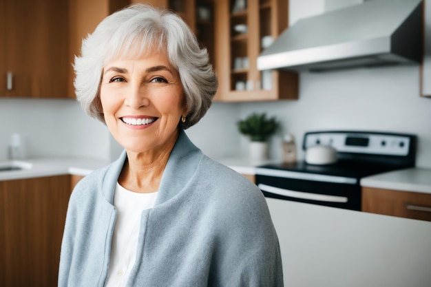 Bella donna matura senior che prepara cibo sano in cucina