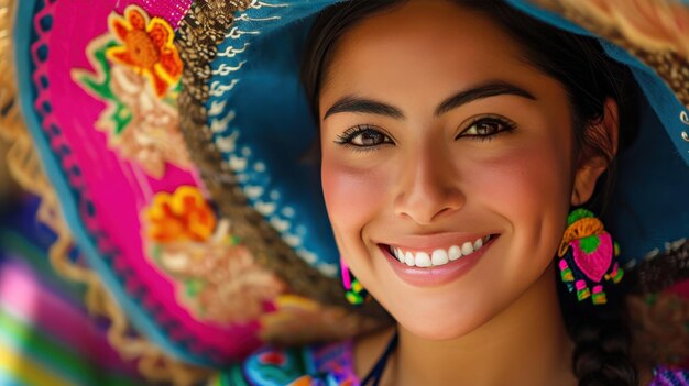 Bella donna messicana che sorride indossando un cappello messicano nel vestito tradizionale