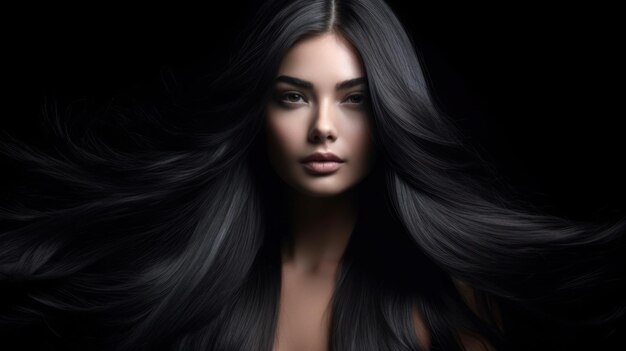 Bella donna modello con capelli lunghi Prodotti per capelli cura e bellezza