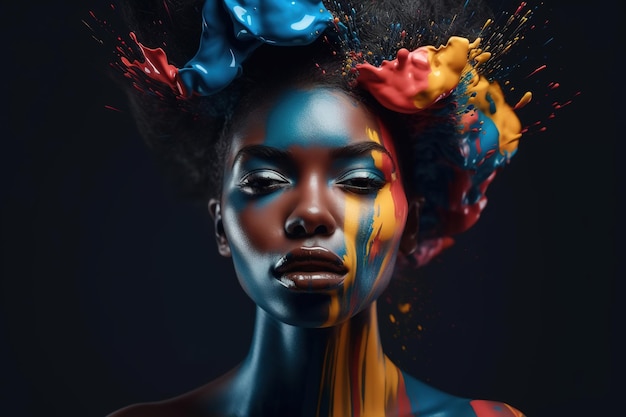 Bella donna modello nero con colori vivaci della vernice su acconciatura afro e viso donna afroamericana che guarda l'obbiettivo fiducioso ritratto di bellezza femminile femminilità AI generativa