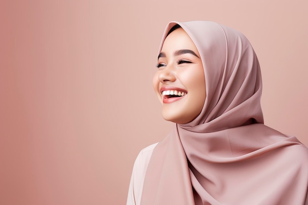 bella donna musulmana asiatica sorridente in hijab che utilizza il telefono cellulare che riceve buone notizie