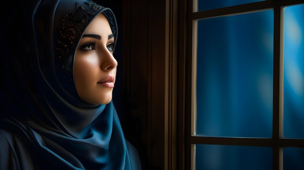 bella donna musulmana in hijab che guarda fuori dalla finestra