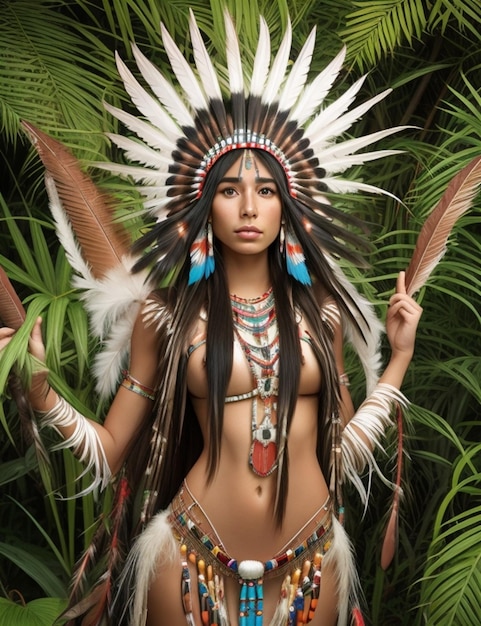 Bella donna nativa americana con piume sulla testa