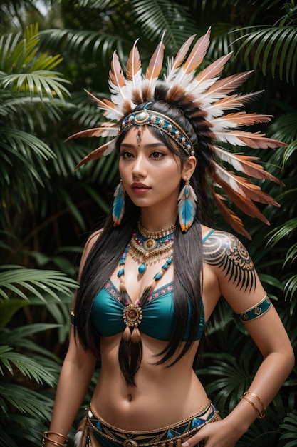 Bella donna nativa americana sexy in costume tribale tradizionale