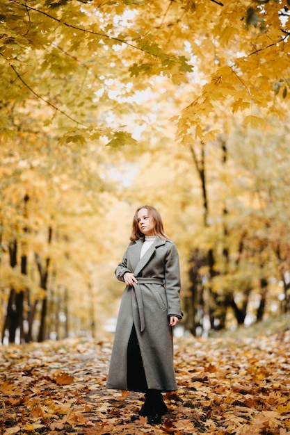 bella donna nel parco in autunno giallo paesaggio di foglie autunnali