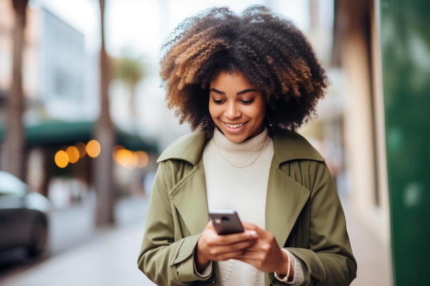 Bella donna nera che tiene il cellulare con le dita sullo schermo