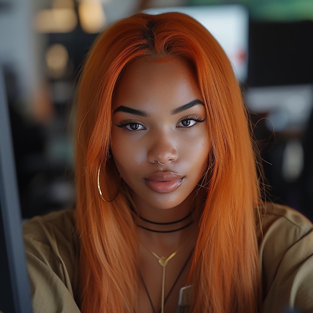 Bella donna nera con i capelli lisci e dritti arancione espressione neutrale