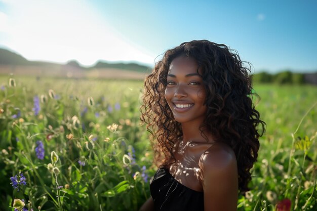Bella donna nera con i capelli lunghi sdraiata sul campo d'erba sullo sfondo della natura concetto di prodotti per capelli