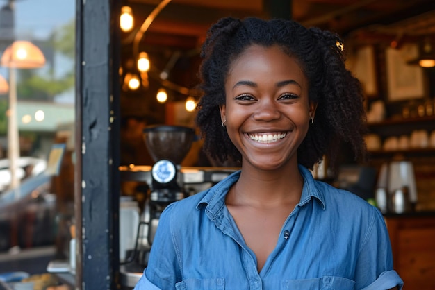 Bella donna nera fuori da un caffè in stile casuale in un ambiente urbano generato dall'AI