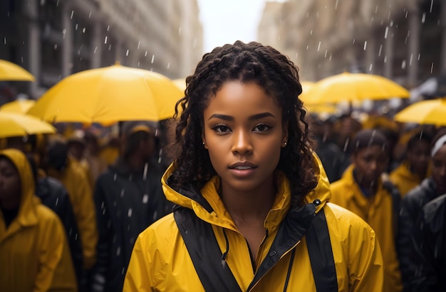 Bella donna nera giacca da pioggia gialla che si distingue dalla folla diversità banner copia spazio testo
