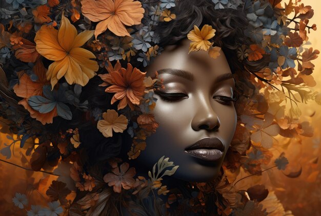 Bella donna nera sorridente con foglie marroni sui capelli Bellezza e natura IA generativa