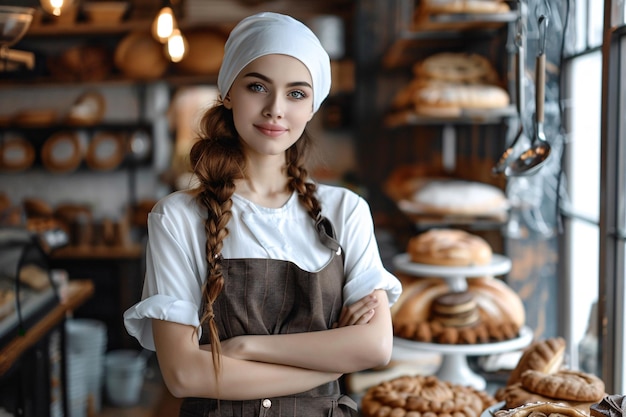 bella donna panettiera in un'accogliente panetteria