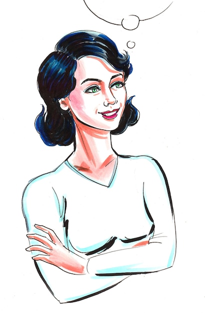 Bella donna pensante. Disegno a china e acquerello